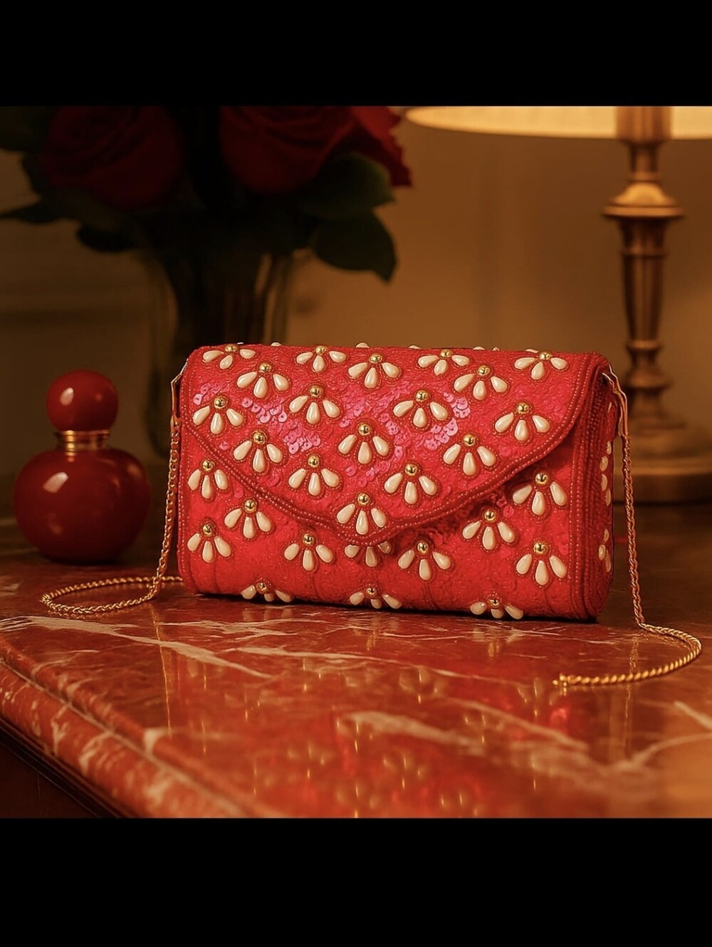LA MAREY Red Beaded Clutch With Shoulder Strap